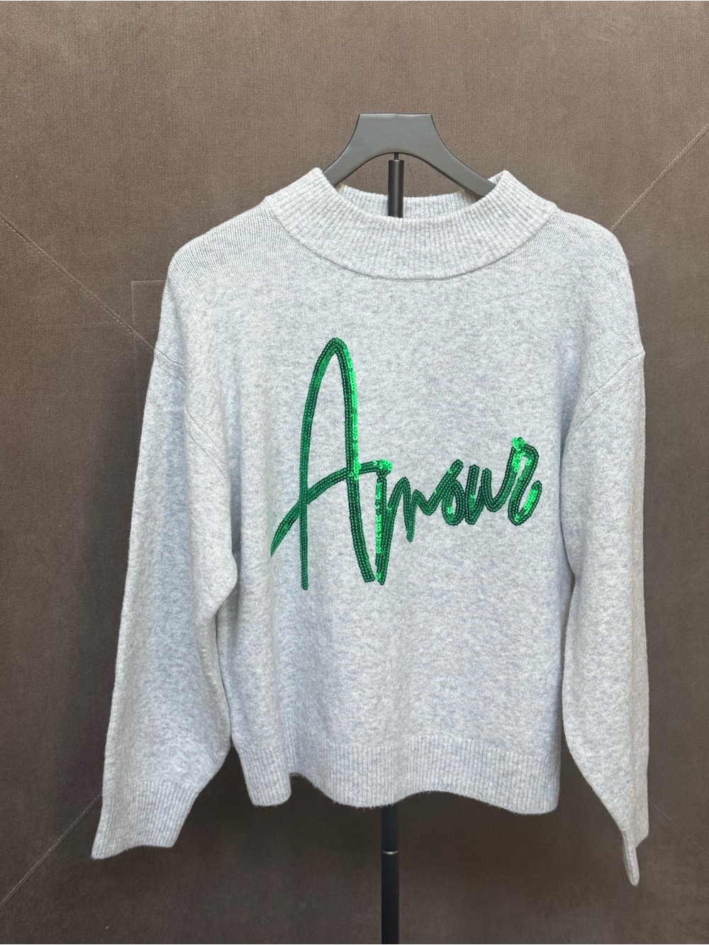 Amour Sequined Script Pullover Sweater - Light Gray